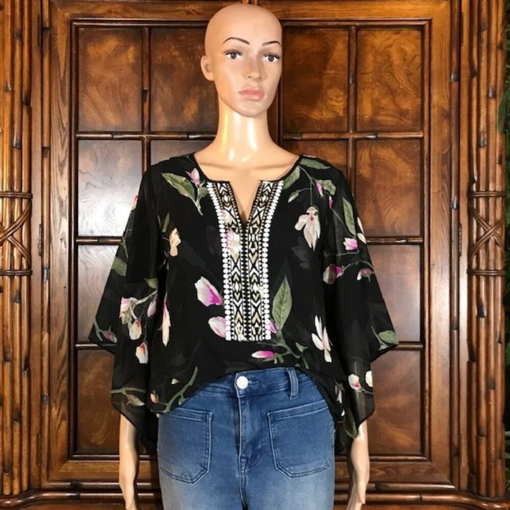 Belle by Kim Gravel Black Floral Embroidered Butterfly Sleeve Chiffon Top